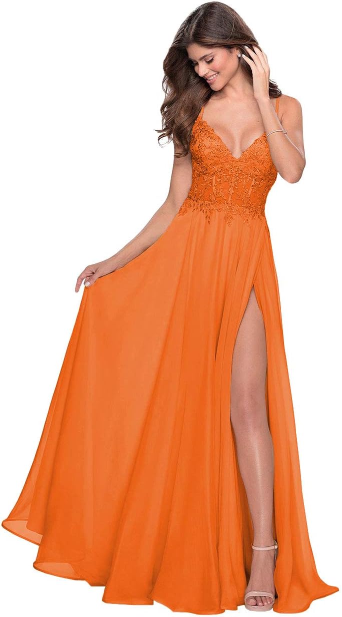 Women's Lace Appliqued Chiffon Prom Dresses Long with Slit Spaghetti Straps V Neck Formal Party Gowns