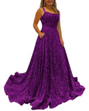 Kingbridal Gowns Spaghetti Straps Prom Dresses Long for Women 2026 A Line Sequin Satin Formal Evening Party Ball Gowns with Slit