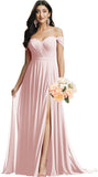 Schulterfreies Brautjungfernkleid für die Hochzeit, gerüschtes Chiffon-Split-Abendkleid mit Taschen 
