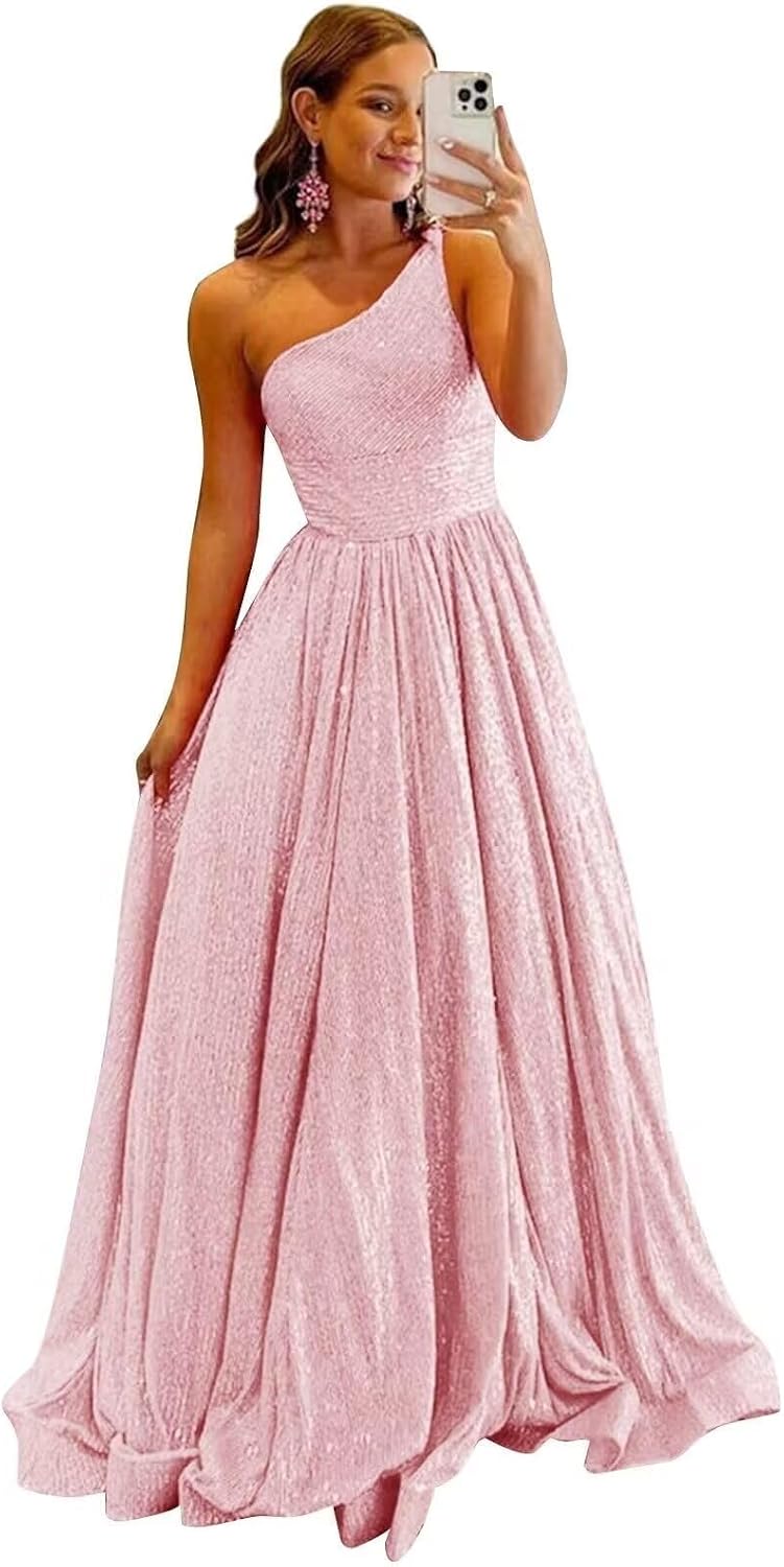 One Shoulder Sequin Prom Dresses for Women 2027 Sparkly Long A-Line Formal Evening Party Ball Gowns with Pockets