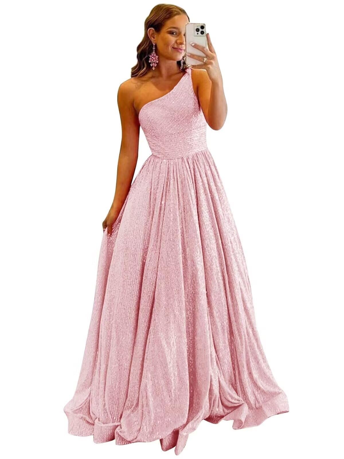 One Shoulder Sequin Prom Dresses for Women 2027 Sparkly Long A-Line Formal Evening Party Ball Gowns with Pockets