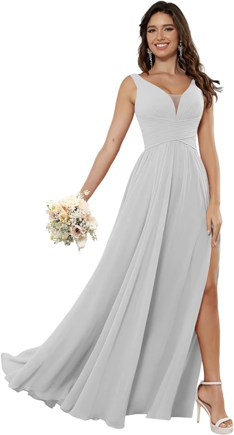 Vestidos de dama de honor sencillos de gasa para mujer con bolsillos, vestidos formales largos con escote en V y abertura 