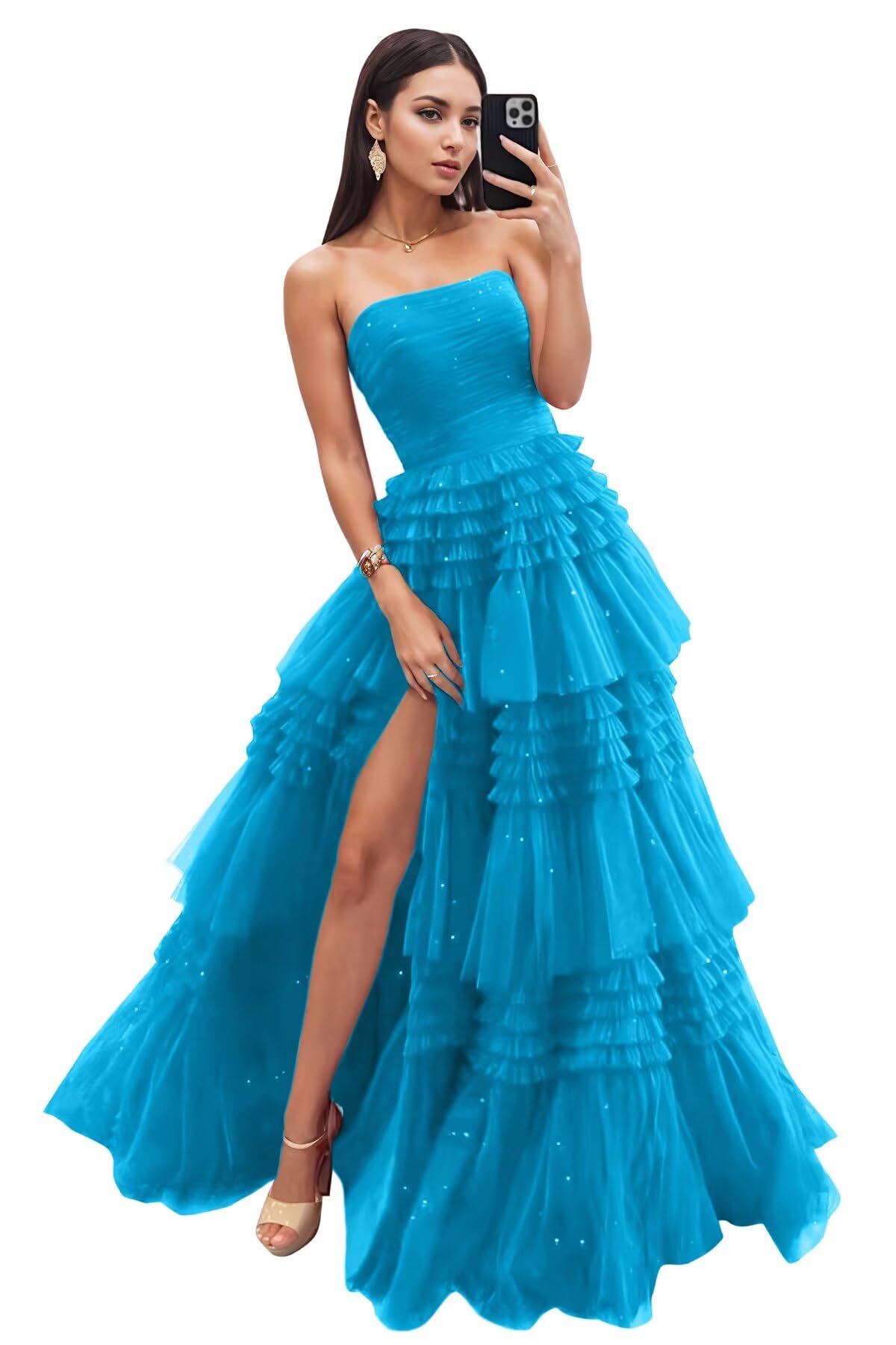 Strapless Tiered Tulle Prom Dresses for Women 2027 Long Sparkly A-Line Formal Evening Party Ball Gowns with Slit