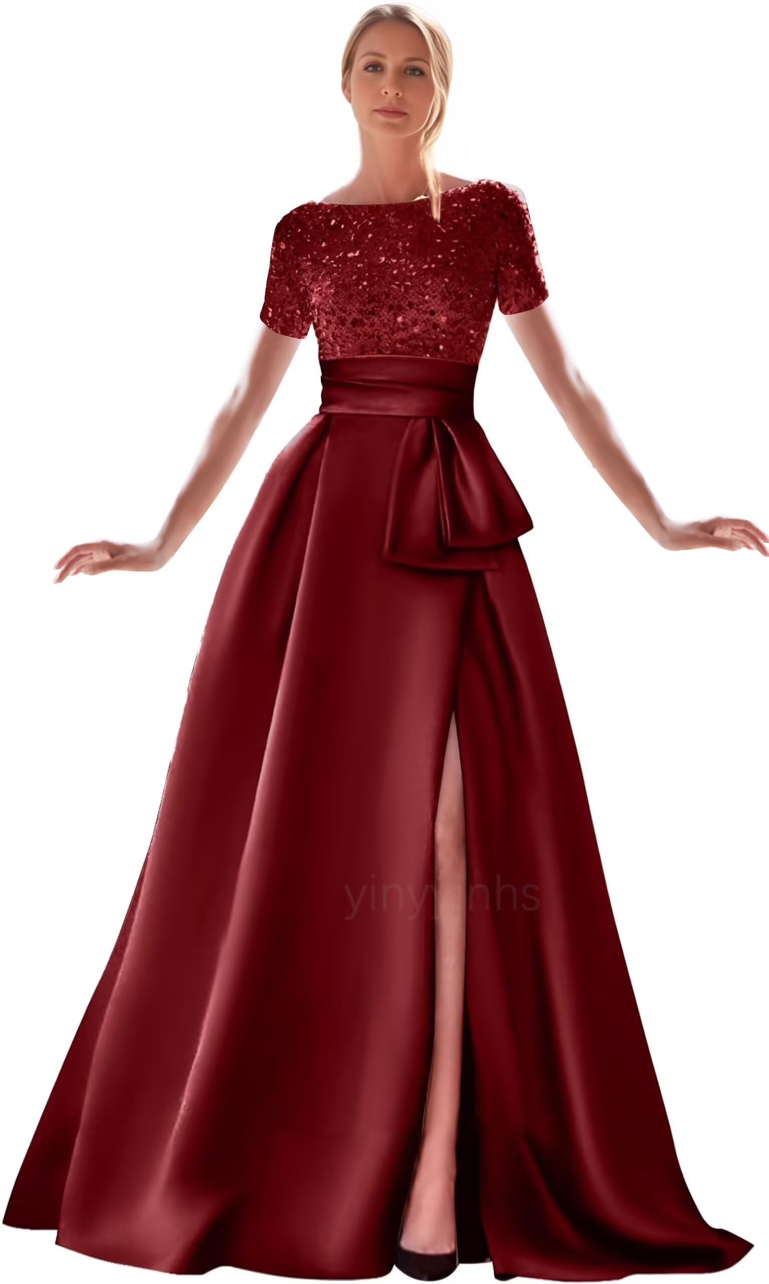 Kingbridal Gowns Short Sleeve Sequin Prom Dresses for Women 2026 Satin A-Line Sparkly Formal Evening Party Ball Gowns with Slit