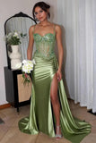 Lace Satin Prom Dresses for Women 2026 Long Mermaid Spaghetti Straps Corset Formal Evening Party Dress with Slit