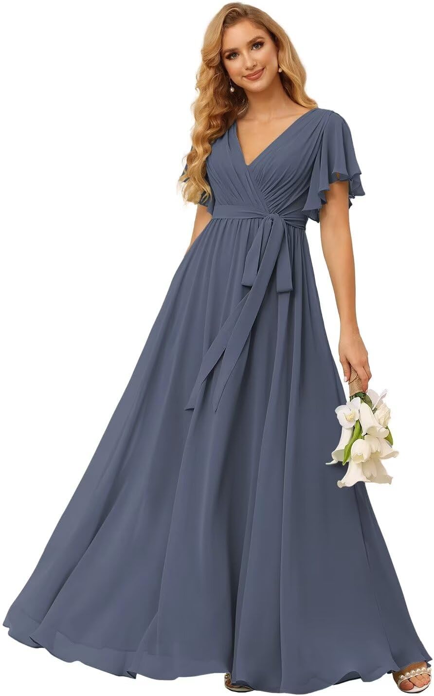 Damen Brautjungfernkleider mit Flatterärmeln, lang, mit Taschen, V-Ausschnitt, Chiffon, formelle Kleider 