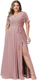 Plus Size Bridesmaid Dresses with Pockets V Neck Chiffon Flutter Sleeves Formal Evening Gowns with Slit