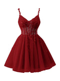 Tulle Lace Applique Homecoming Dresses for Teens Beaded Spaghetti Straps Mini Cocktail Party Prom Formal Dress