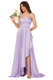 Women's Long Satin Bridesmaid Dresses Spaghetti Strap Halter Formal Evening Gown Ruffle High Low Wedding Guest Dress