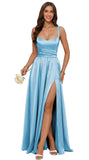 Jacquard Satin Prom Dresses with Slit Spaghetti Straps A Line Maxi Long Formal Dress
