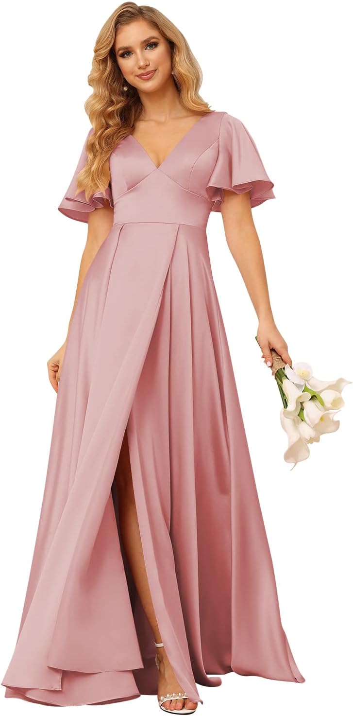 Women's V Neck Ruffle Sleeves Bridesmaid Dresses with Slit 2025 Satin A-Line Formal Evening Gowns
