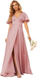 Women's V Neck Ruffle Sleeves Bridesmaid Dresses with Slit 2025 Satin A-Line Formal Evening Gowns