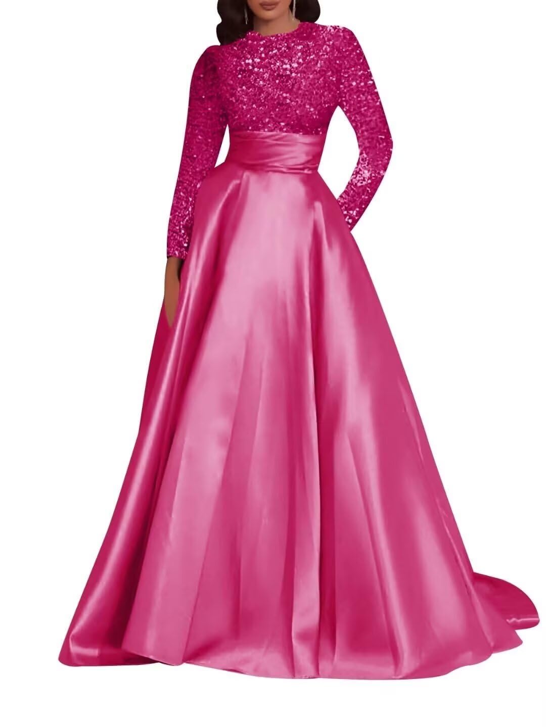 Kingbridal Gowns Long Sleeve Sequin Prom Dresses for Women Satin A-line Formal Dress 2026 Sparkly Evening Party Gowns with Pockets