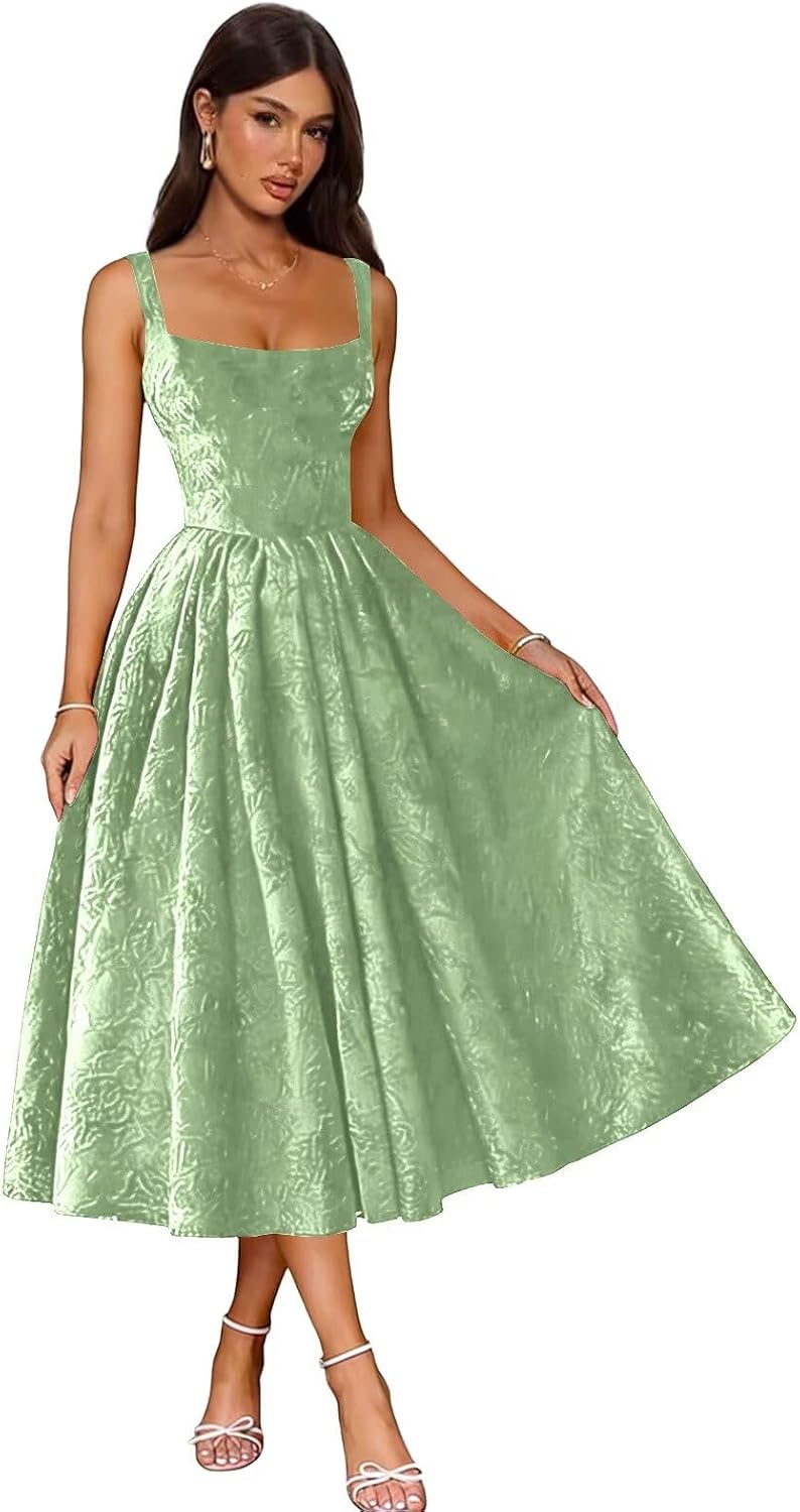 Jacquard Satin Prom Dresses 2026 Floral Square Neck Tea Length Ruched Elegant Formal Ball Gown with Pockets