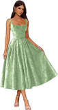 Jacquard Satin Prom Dresses 2026 Floral Square Neck Tea Length Ruched Elegant Formal Ball Gown with Pockets