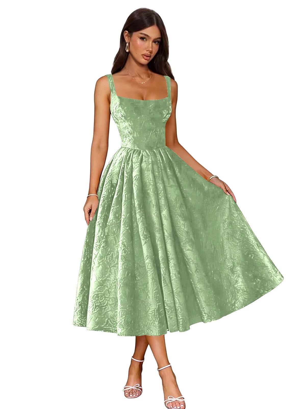 Jacquard Satin Prom Dresses 2026 Floral Square Neck Tea Length Ruched Elegant Formal Ball Gown with Pockets