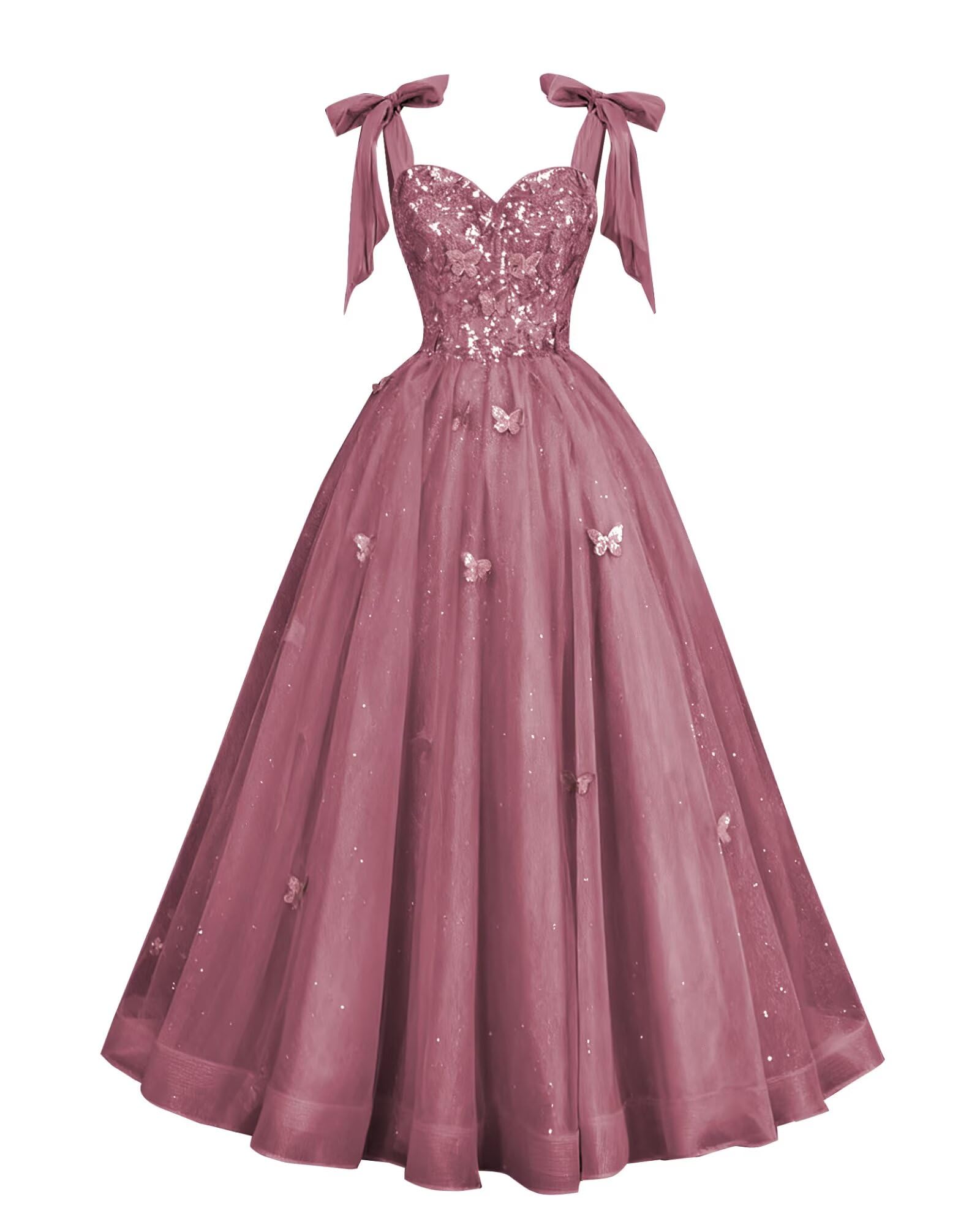 Glitter Tulle Prom Dress for Teens 3D Butterfly Long Ball Gowns Sequin Princess Quinceanera Dresses with Bow