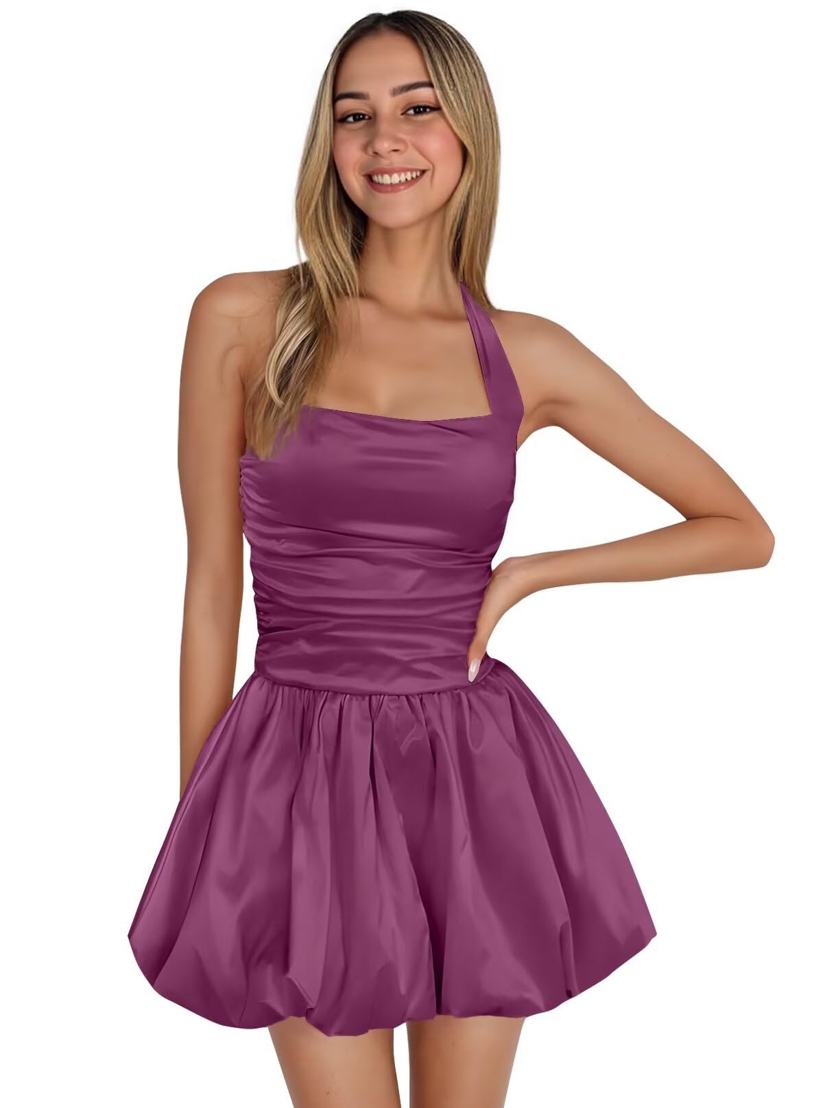 Satin Halter Homecoming Dresses for Teens Short Prom Dress 2027 Flower Bud Ruched Formal Cocktail Gown with Pockets