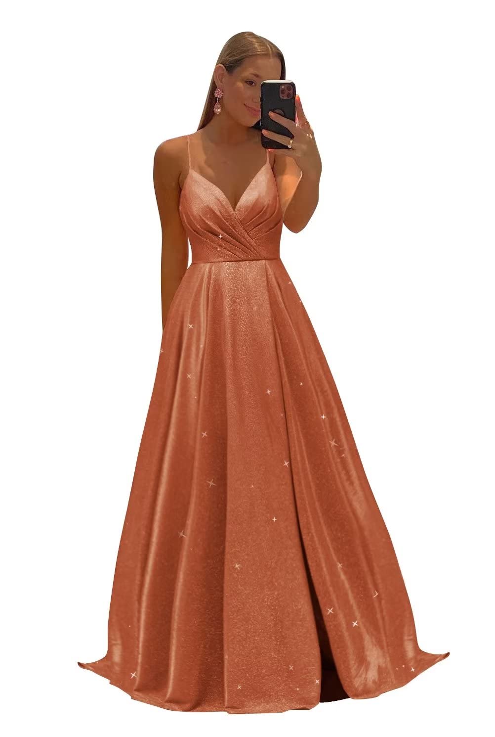Women's Spaghetti Straps Prom Dresses Long V-Neck Sparkling Bridesmaid Dresses Formal Evening Gowns with High Slit