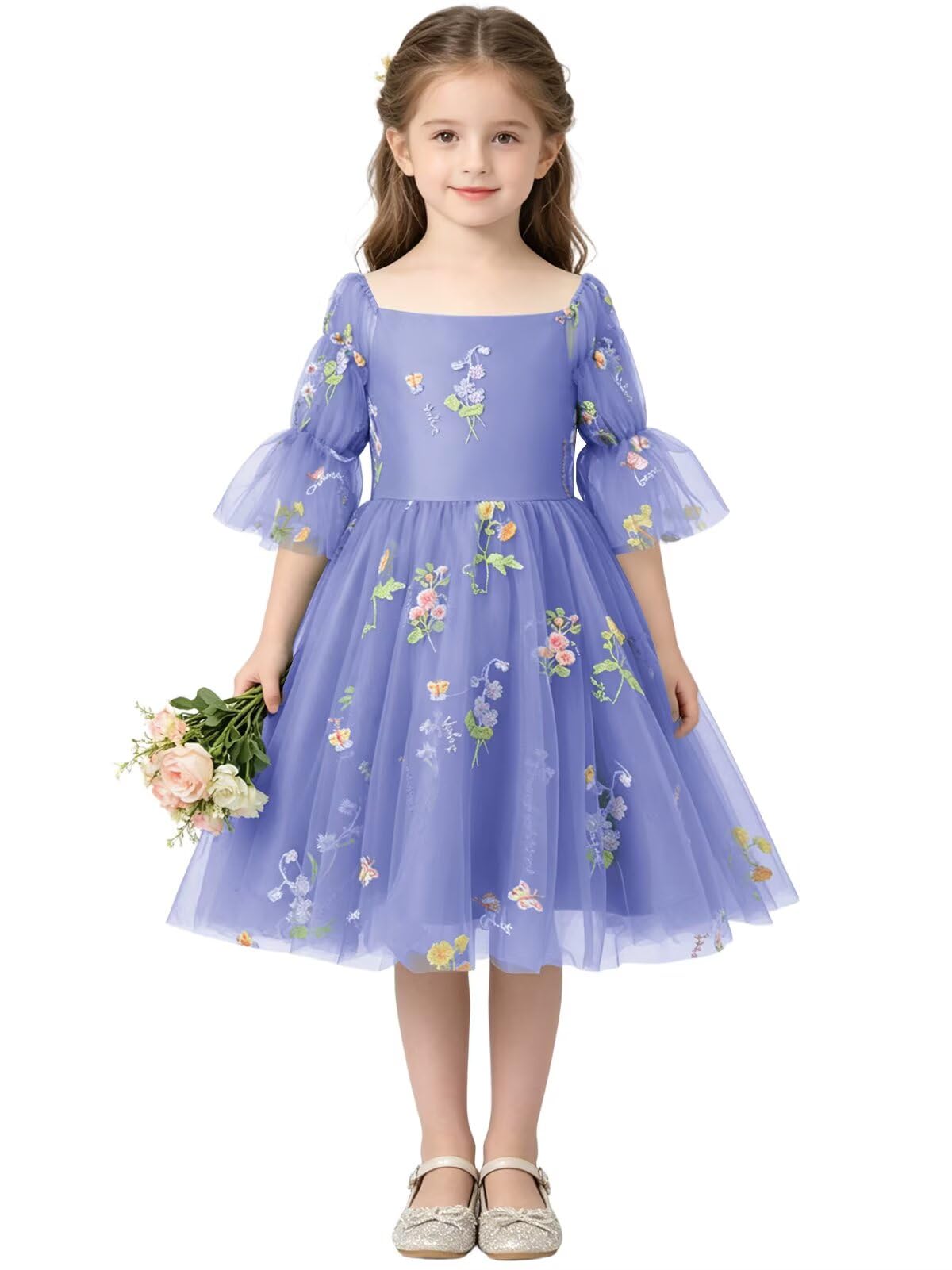 Floral Embroidery Flower Girl Dress Puff Sleeve Birthday Party Gown Girls Tulle A-Line Short Wedding Guests Dresses