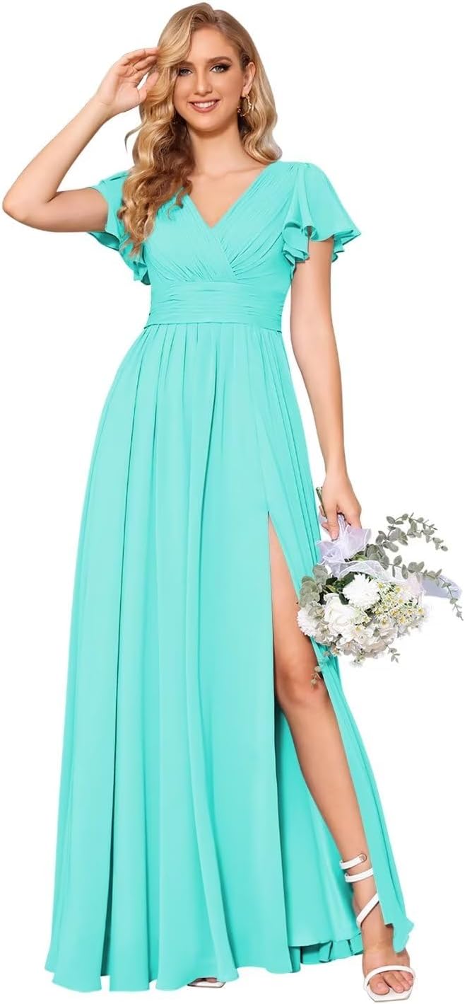 Flutter Sleeves Split Bridesmaid Dresses with Slit Long V Neck Empire Waist Formal Dress for Women Wedding