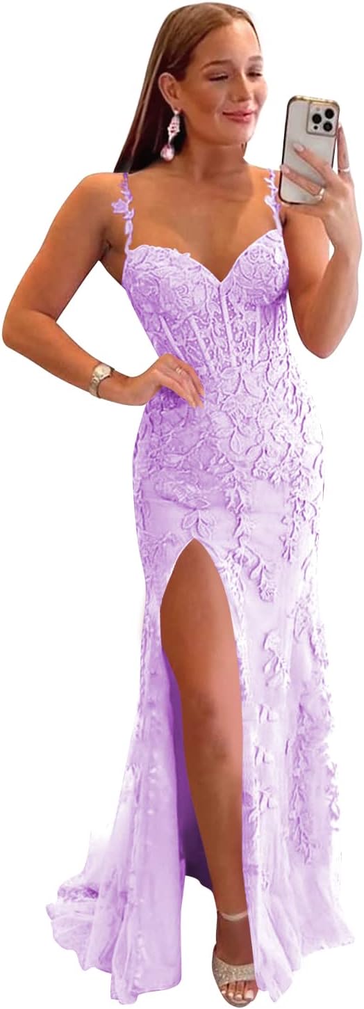 Women's Lace Mermaid Prom Dresses Long with Slit Mermaid Spaghetti Straps Backless Formal Evening Gowns