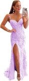 Women's Lace Mermaid Prom Dresses Long with Slit Mermaid Spaghetti Straps Backless Formal Evening Gowns