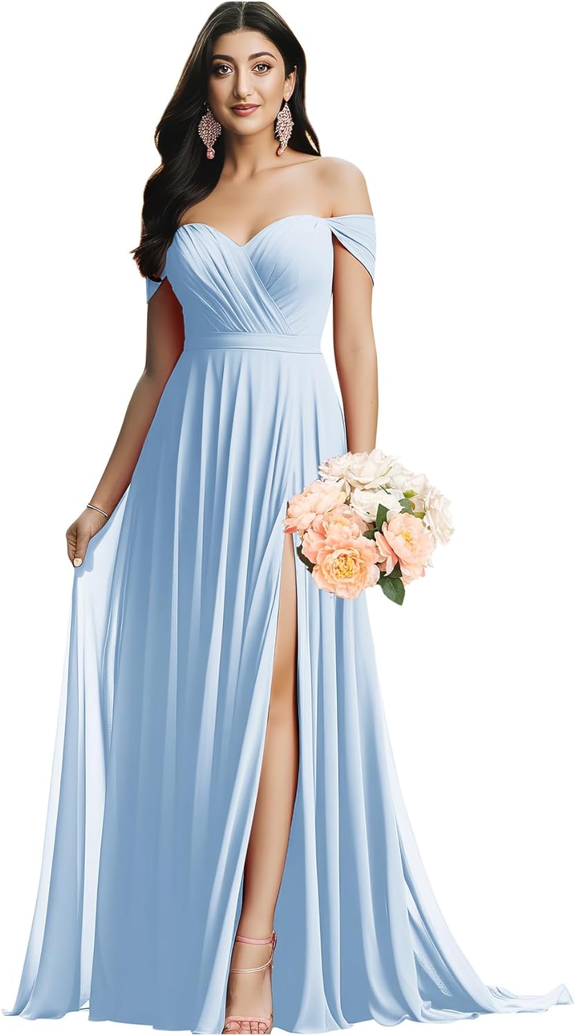 Schulterfreies Brautjungfernkleid für die Hochzeit, gerüschtes Chiffon-Split-Abendkleid mit Taschen 
