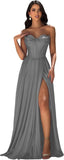 Strapless Prom Dress with Slit Satin A Line Long Ball Gowns for Women Sweetheart Corset Formal Dress with Pockets