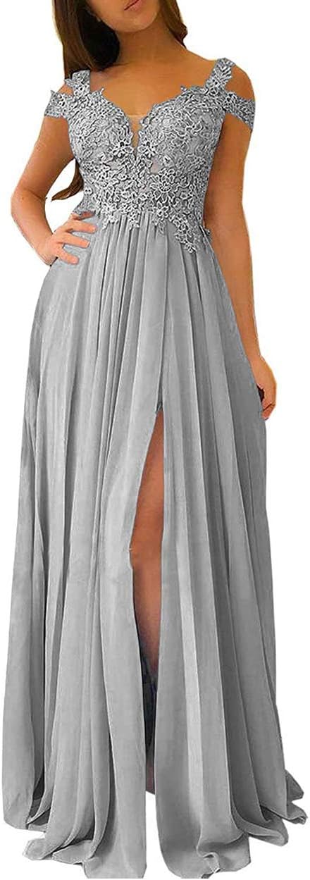 Women's Lace Appliques Prom Dresses Long with Slit Cold Shoulder Formal Party Gown