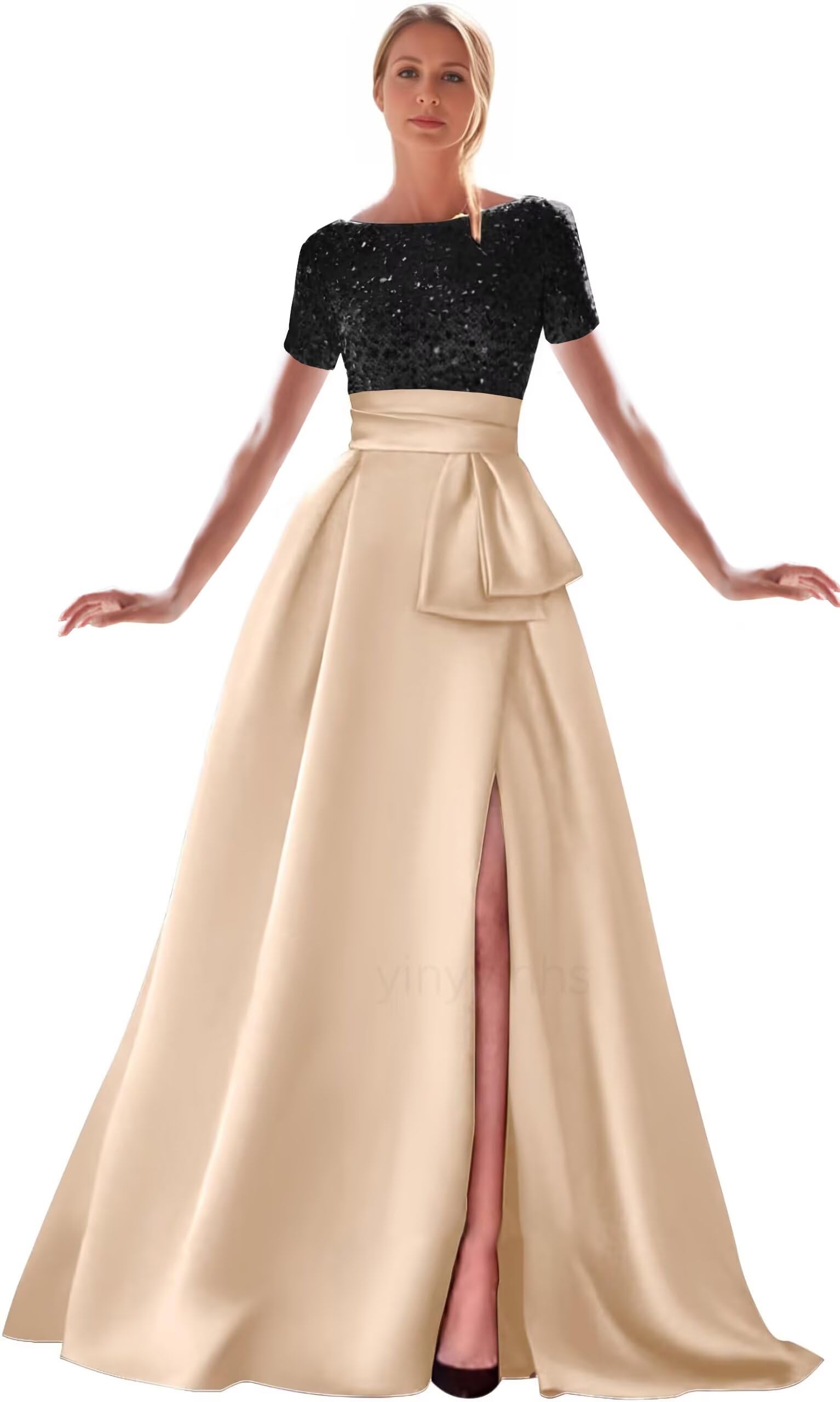 Kingbridal Gowns Short Sleeve Sequin Prom Dresses for Women 2026 Satin A-Line Sparkly Formal Evening Party Ball Gowns with Slit