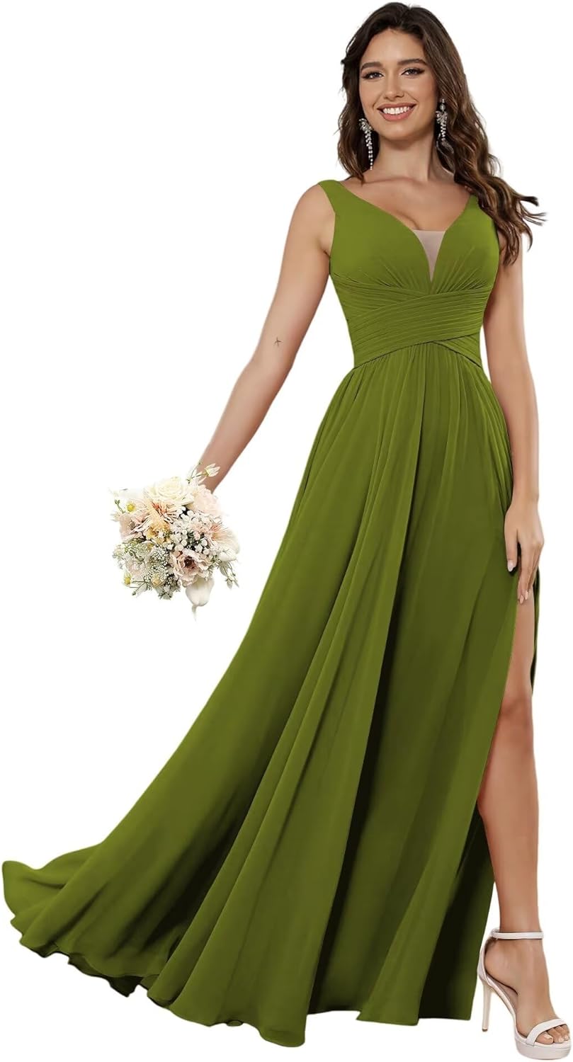 Vestidos de dama de honor sencillos de gasa para mujer con bolsillos, vestidos formales largos con escote en V y abertura 