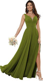 Vestidos de dama de honor sencillos de gasa para mujer con bolsillos, vestidos formales largos con escote en V y abertura 