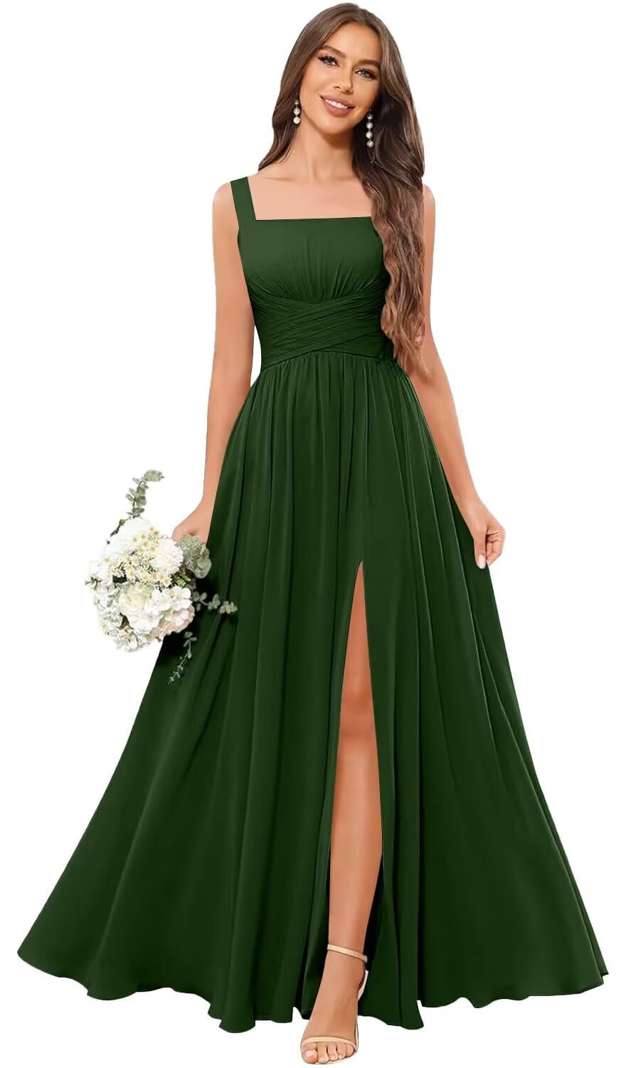 Kingbridal Chiffon A-line Bridesmaid Dresses for Women 2027 Long Square Neck Pleated Formal Evening Party Dress with Slit