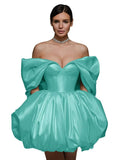 Off The Shoulder Short Wedding Dresses for Bride Puffy Satin Bridal Dresses w/Pockets Strapless Formal Ball Gowns