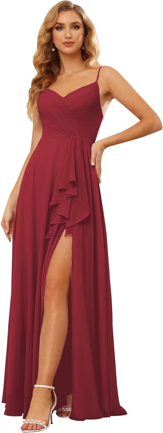 Vestidos de dama de honor largos de gasa con tirantes finos y bolsillos, vestidos formales con volantes y abertura para mujer 