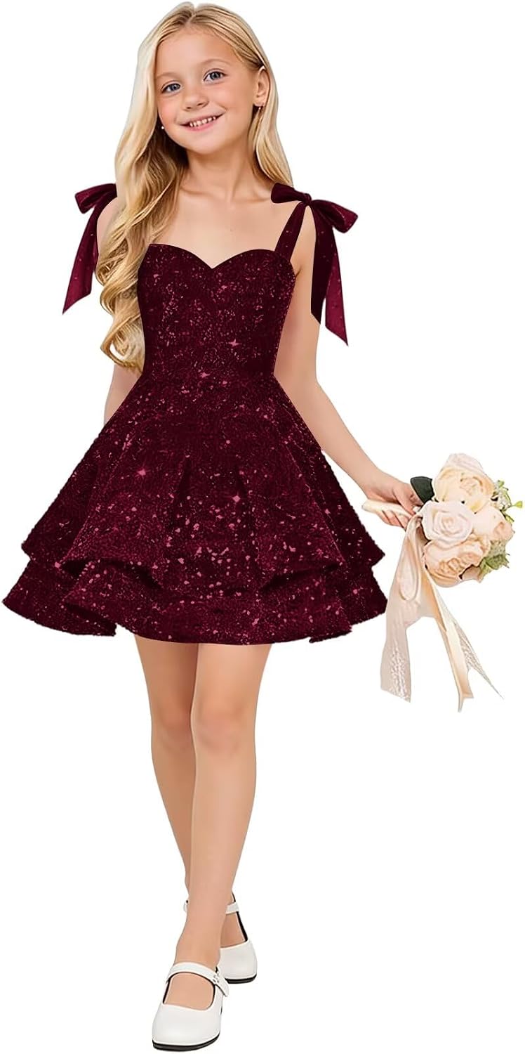 Sparkly Sequin Flower Girl Dress Tiered Cute Bow Spaghetti Straps Sweetheart Toddler Formal Dresses 2026