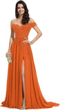 Women's Off The Shoulder Long Prom Dresses with Slit Lace Appliqued Chiffon Formal Party Gowns