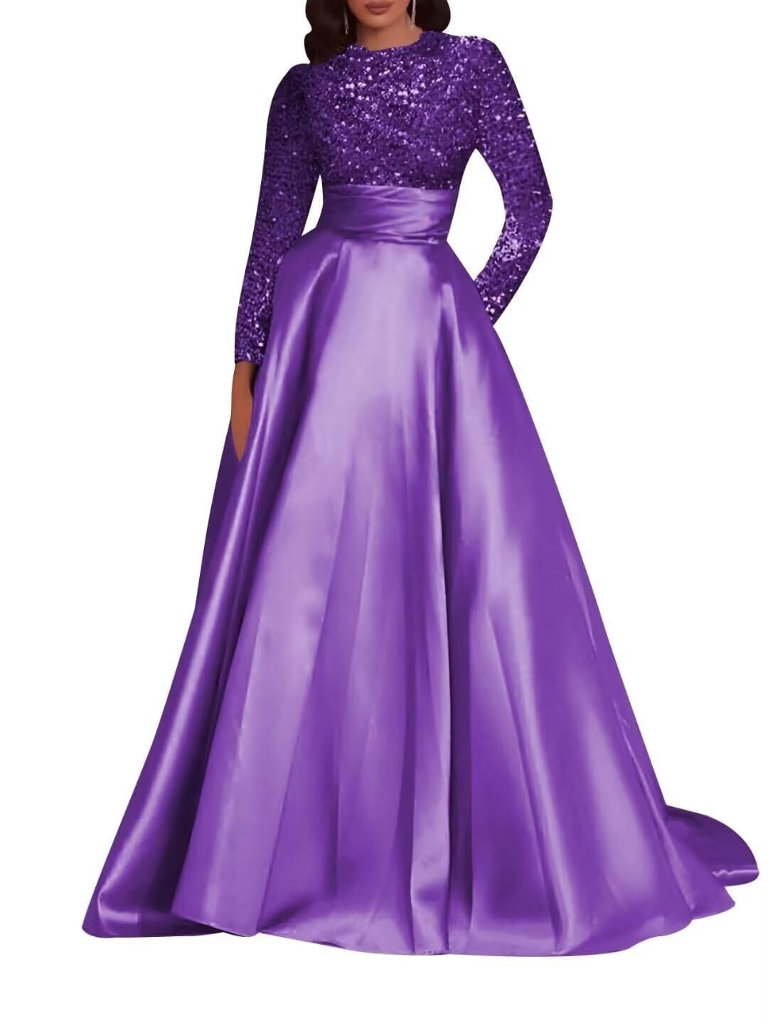 Kingbridal Gowns Long Sleeve Sequin Prom Dresses for Women Satin A-line Formal Dress 2026 Sparkly Evening Party Gowns with Pockets