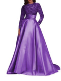 Kingbridal Gowns Long Sleeve Sequin Prom Dresses for Women Satin A-line Formal Dress 2026 Sparkly Evening Party Gowns with Pockets