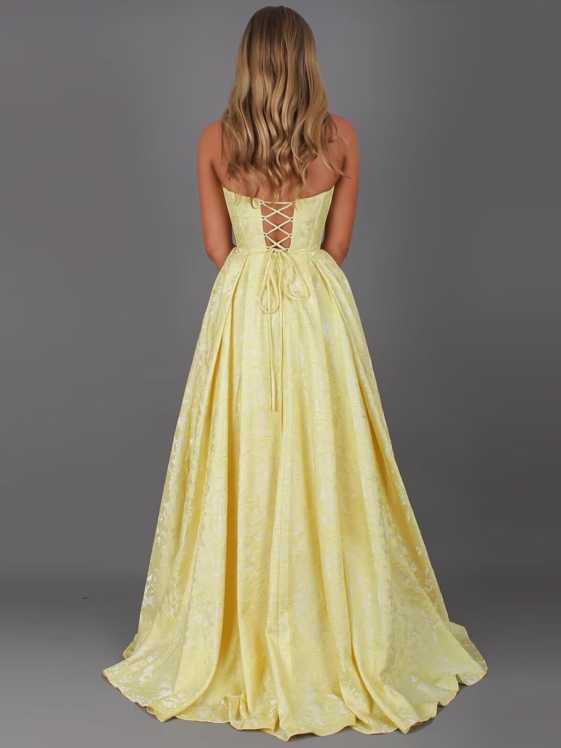 Strapless Jacquard Satin Prom Dresses for Women Corset A Line Long Formal Evening Party Gowns with Slit