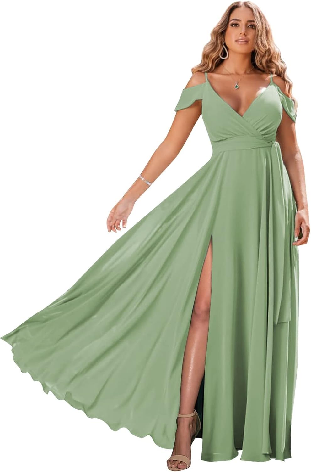 Schulterfreie Brautjungfernkleider 2025 für Frauen, langes Chiffon-Abendkleid mit V-Ausschnitt und Schlitz