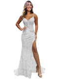 Sparkly Sequin Prom Dresses for Teens 2026 V Neck Glitter Applique Mermaid Formal Evening Gown with Slit