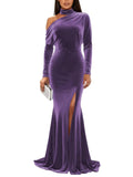 Mermaid Velvet Prom Dresses with Slit 2027 Long Sleeve Formal Dress for Women One Shoulder Evening Party Gowns