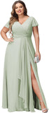 Vestidos de dama de honor de talla grande con mangas con volantes y bolsillos, vestido formal largo con escote en V y abertura. 