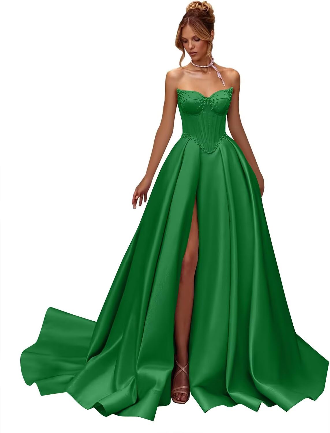 Kingbridal Gowns Strapless Prom Dresses for Women 2026 Long Satin A-line Formal Dress with Slit Beaded Corset Evening Party Gowns
