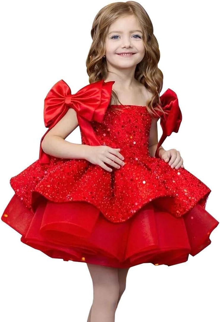 Sparkly Sequin Puffy Flower Dresses Short Girls A Line Princess Bow Knot Birthday Party Dress