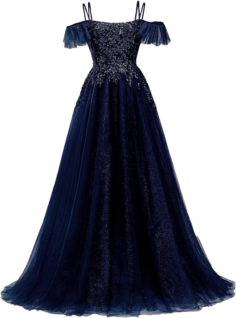 Off Shoulder Tulle Ball Gowns for Women Lace Appliques Beaded Prom Dress Sparkly Long A-line Evening Gowns