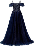 Off Shoulder Tulle Ball Gowns for Women Lace Appliques Beaded Prom Dress Sparkly Long A-line Evening Gowns