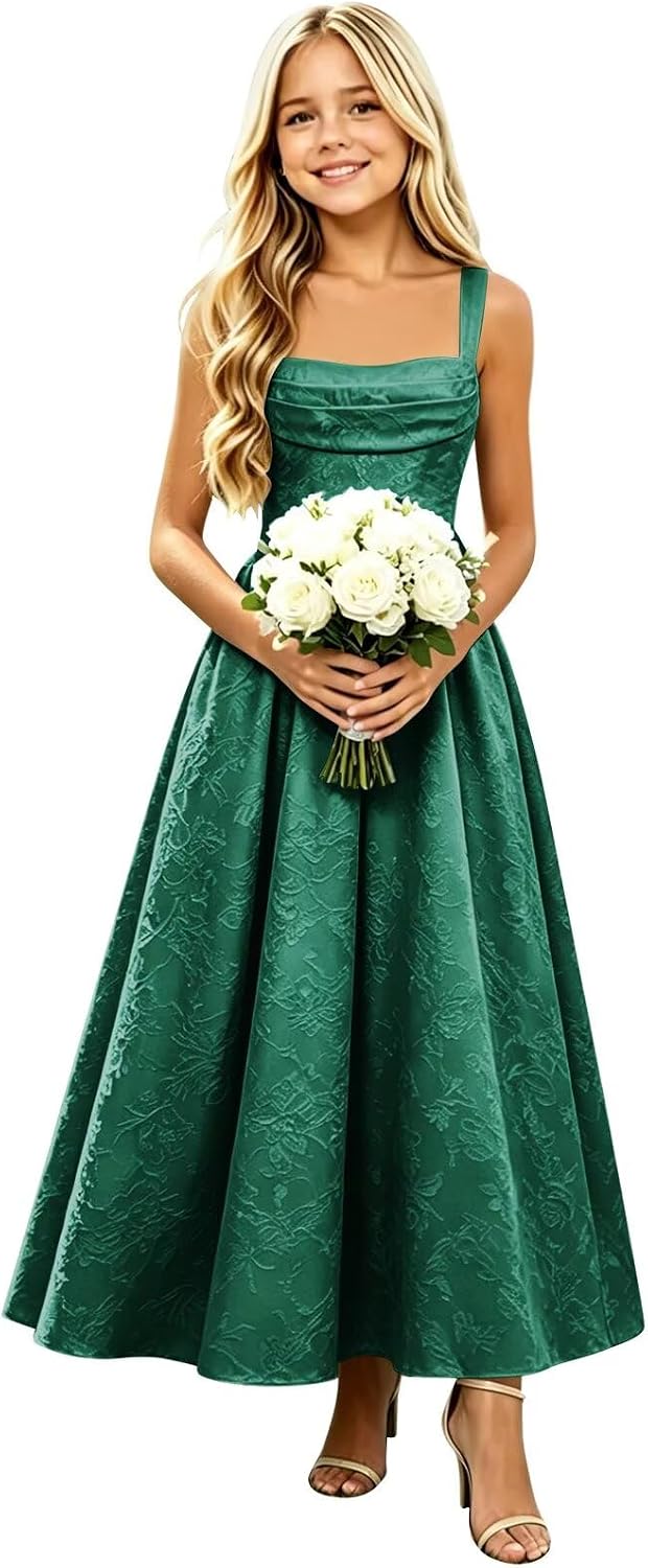 Girls Floral Satin Jacquard Junior Bridesmaid Dresses Long Ruched Flower Girl Dress for Wedding